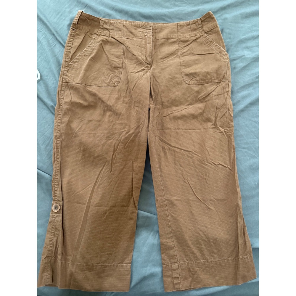 Liz & Co Petite Brown Ripstop Cotton Capri Pants Cropped Trousers Womens 8P